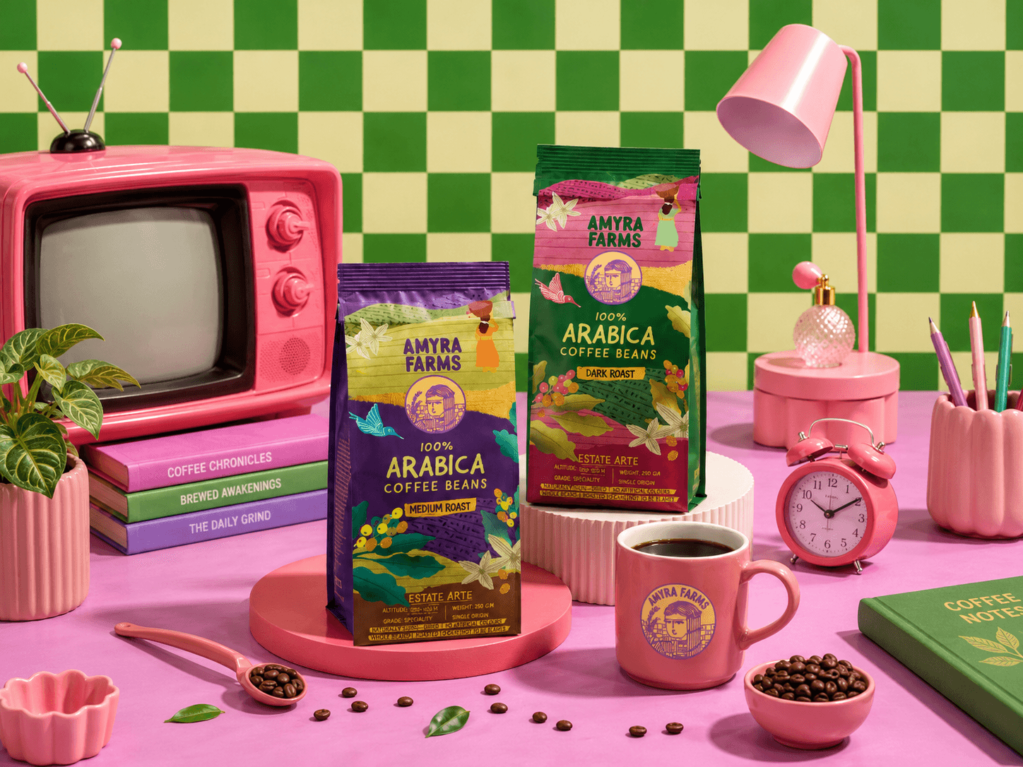Amyra Farms Arabica coffee packs styled on a retro set