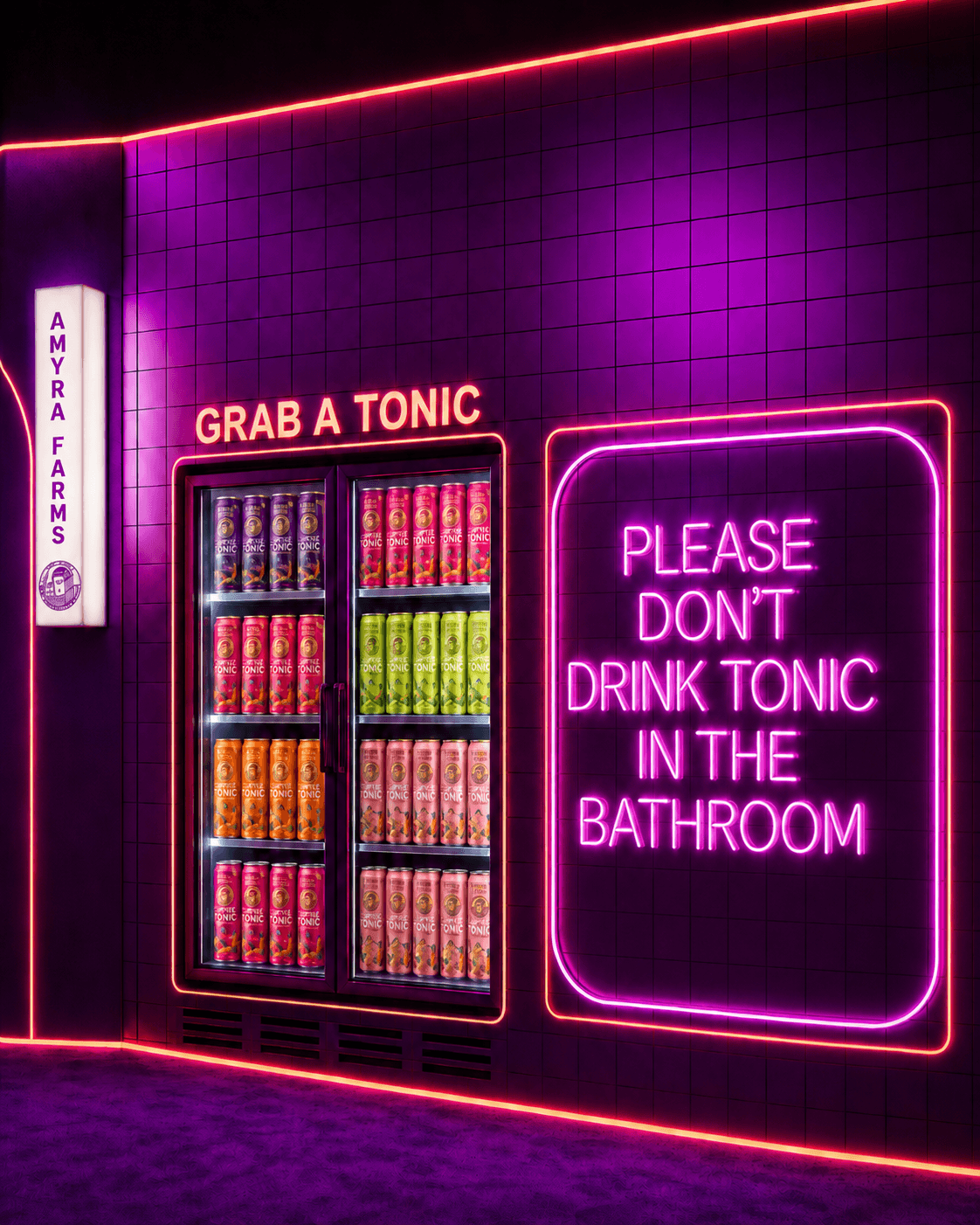 Amyra Farms cold-brew tonic styled in a neon bathroom set